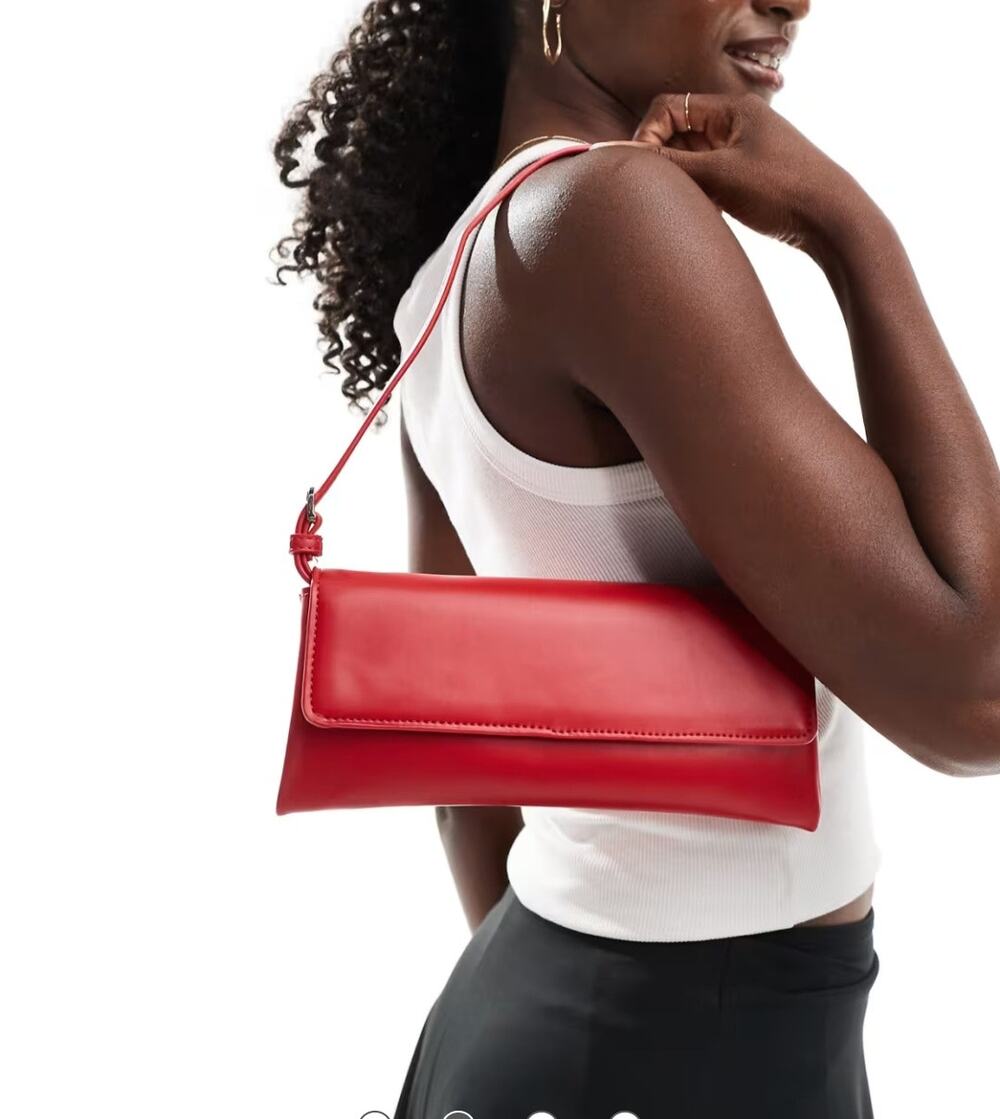 MANGO MNG Cherry Red East West Flap Baguette Shoulder Bag Gold Hardware.90s/Y2K